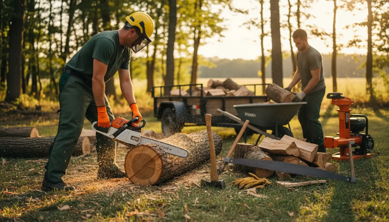 To personer skærer og flytter faldne træstammer i haven med værktøj og en bunke brænde i forgrunden.