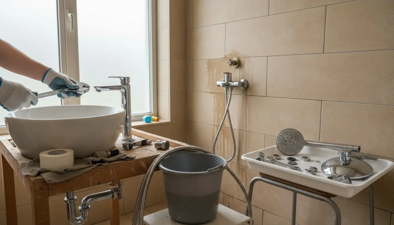 Nærbillede af hænder, der monterer et nyt væghængt brusesæt og et nyt håndvaskarmatur i et flisebadeværelse.