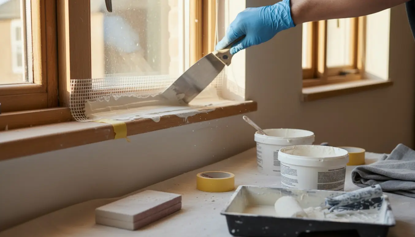 Hænder spartler og maler ved et vindueslysning med armeringsnet og rulle.