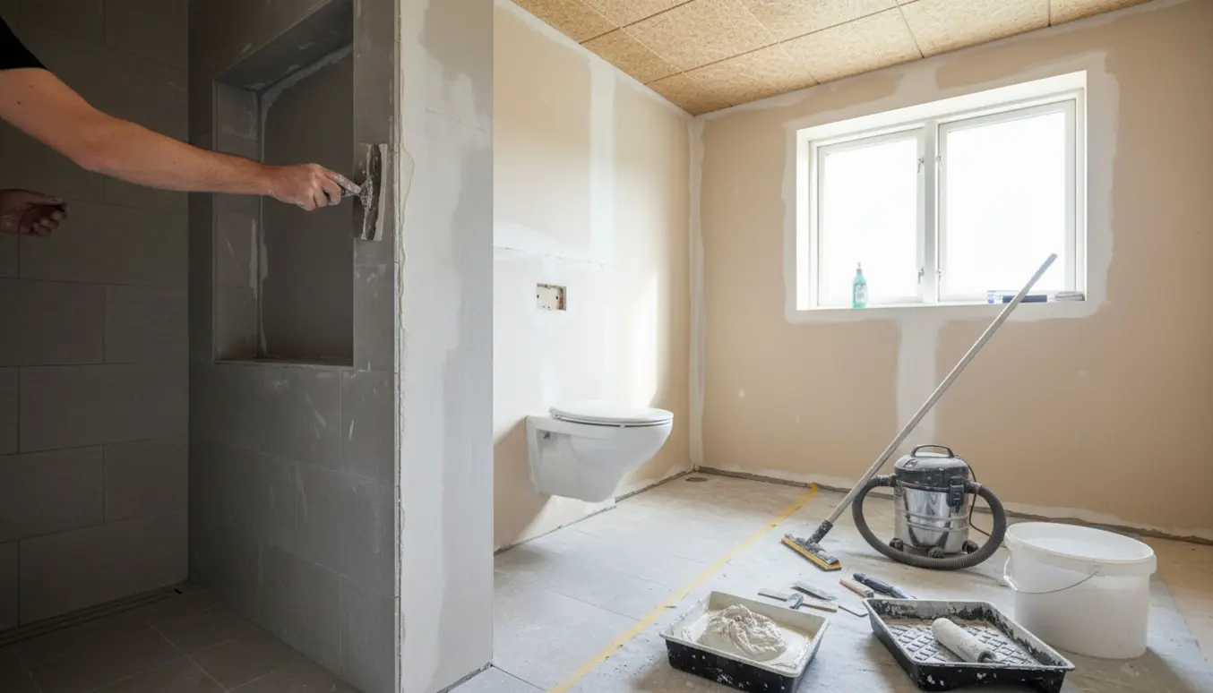 Hænder spartler og sliber vådrumsgips i et nyt badeværelse med bruseniche, toiletkasse og Troldtekt-loft.