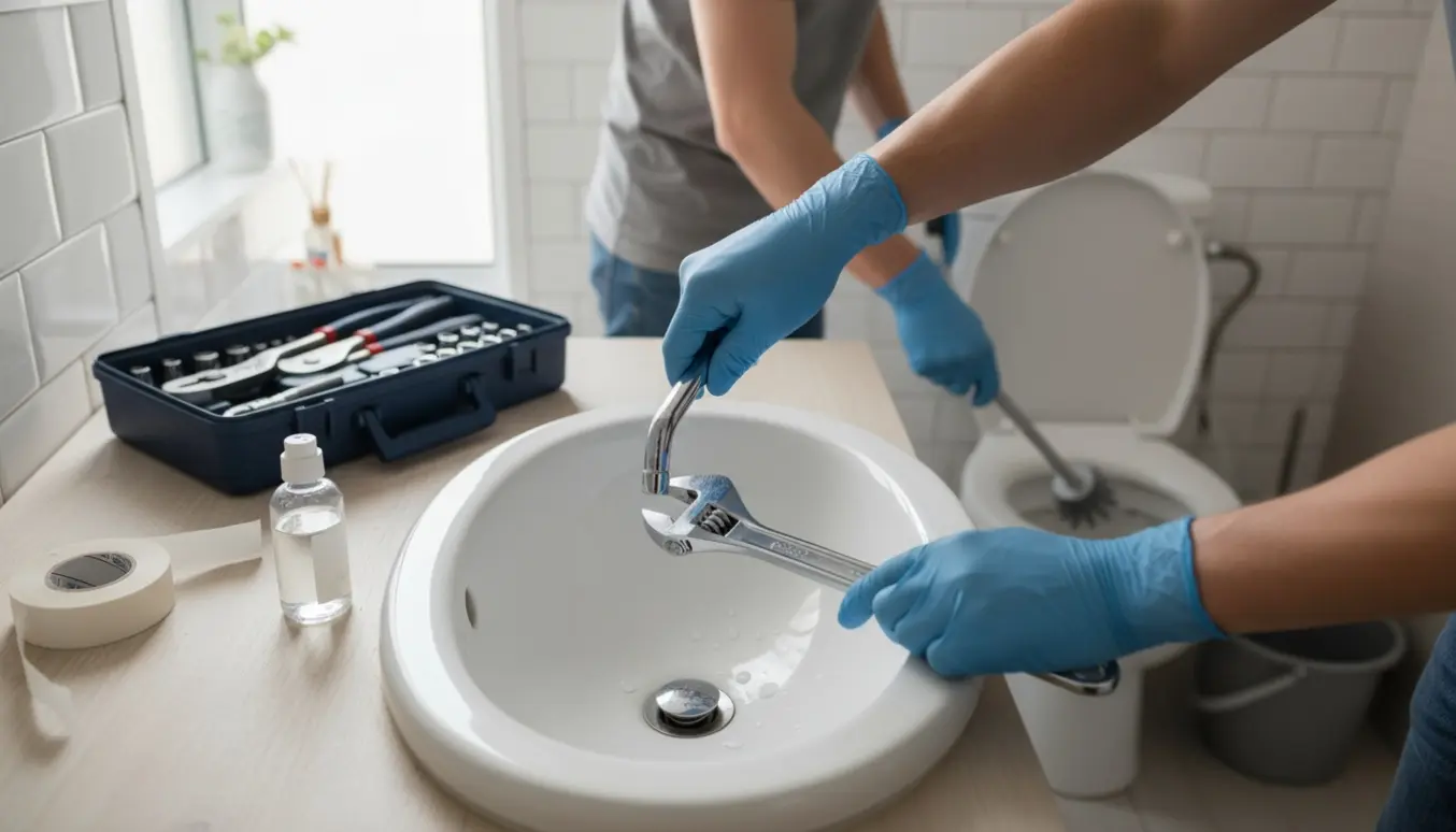 VVS-arbejde i badeværelse: hænder skruer en ny vandhane fast ved håndvasken, mens toilet afkalkes.