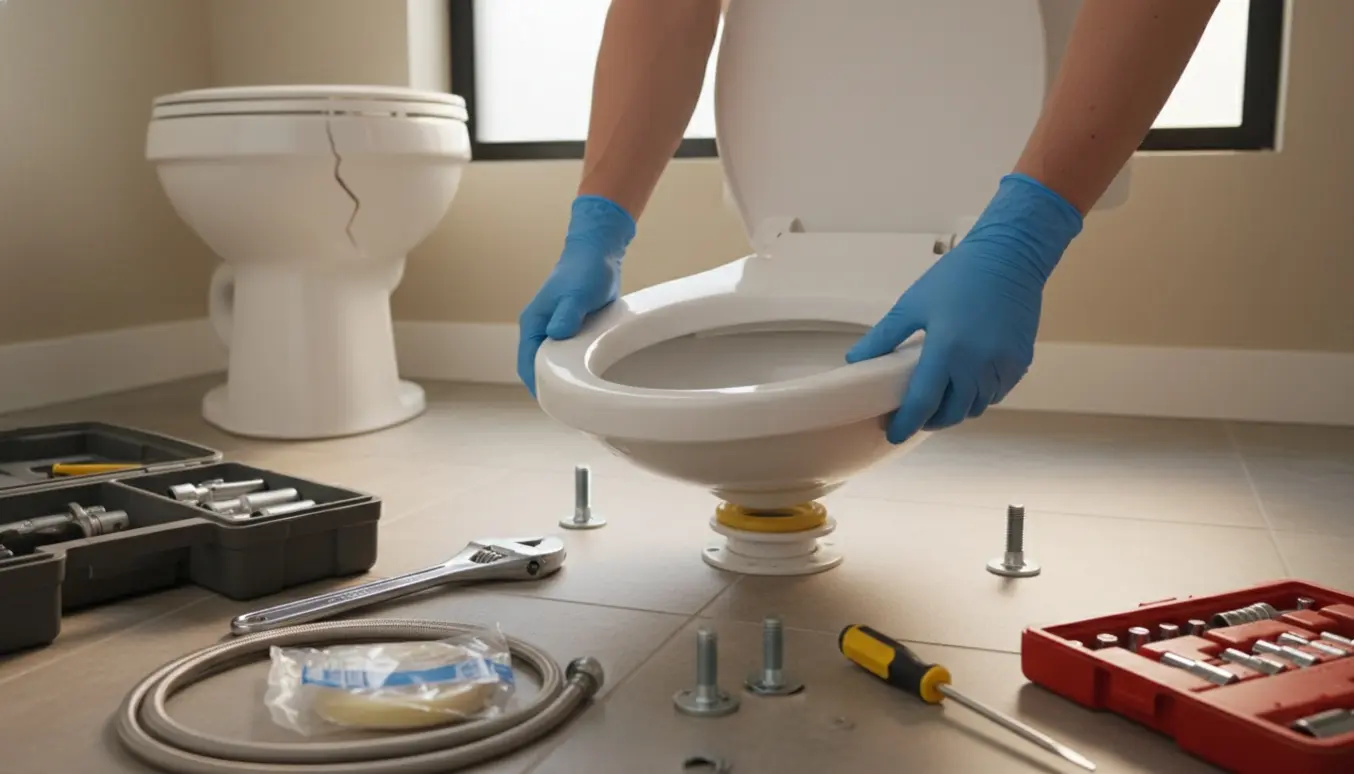Nyt toilet under montering i et lyst badeværelse med værktøj og den gamle flækkede skål ved siden af.