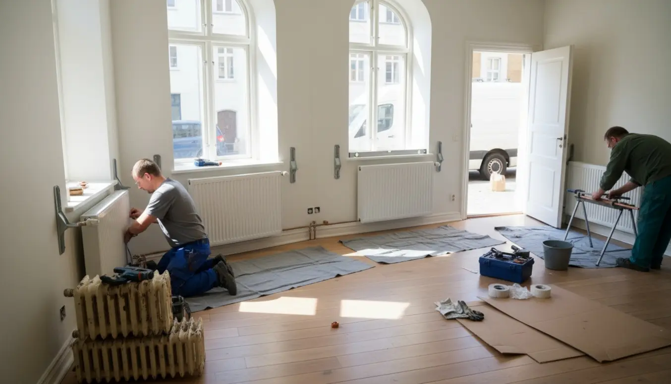 Solbeskinnet lejlighed hvor håndværkere installerer syv nye radiatorer mens de gamle er stablet klar til afhentning.