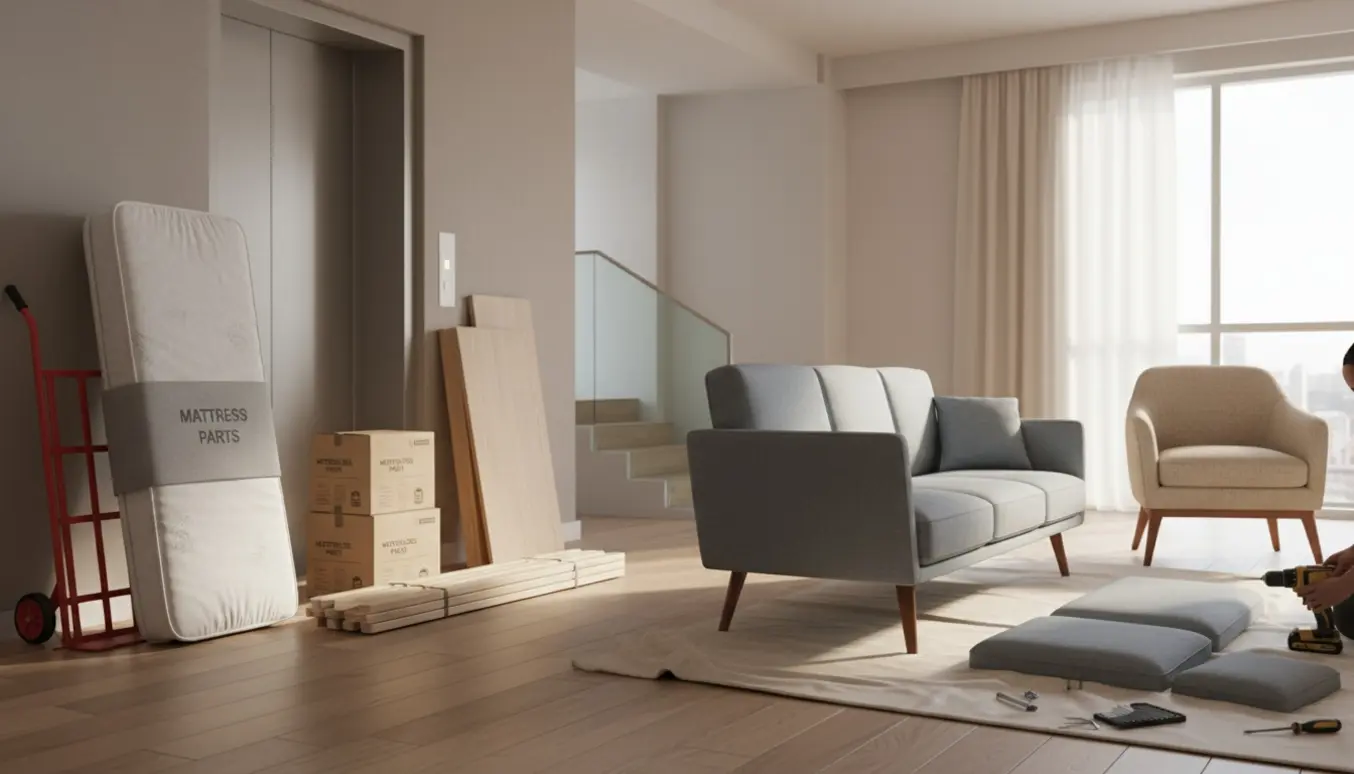 Hænder samler en sofa i en lys stue, mens en sækkevogn med en madras står i opgangen ved elevatoren.