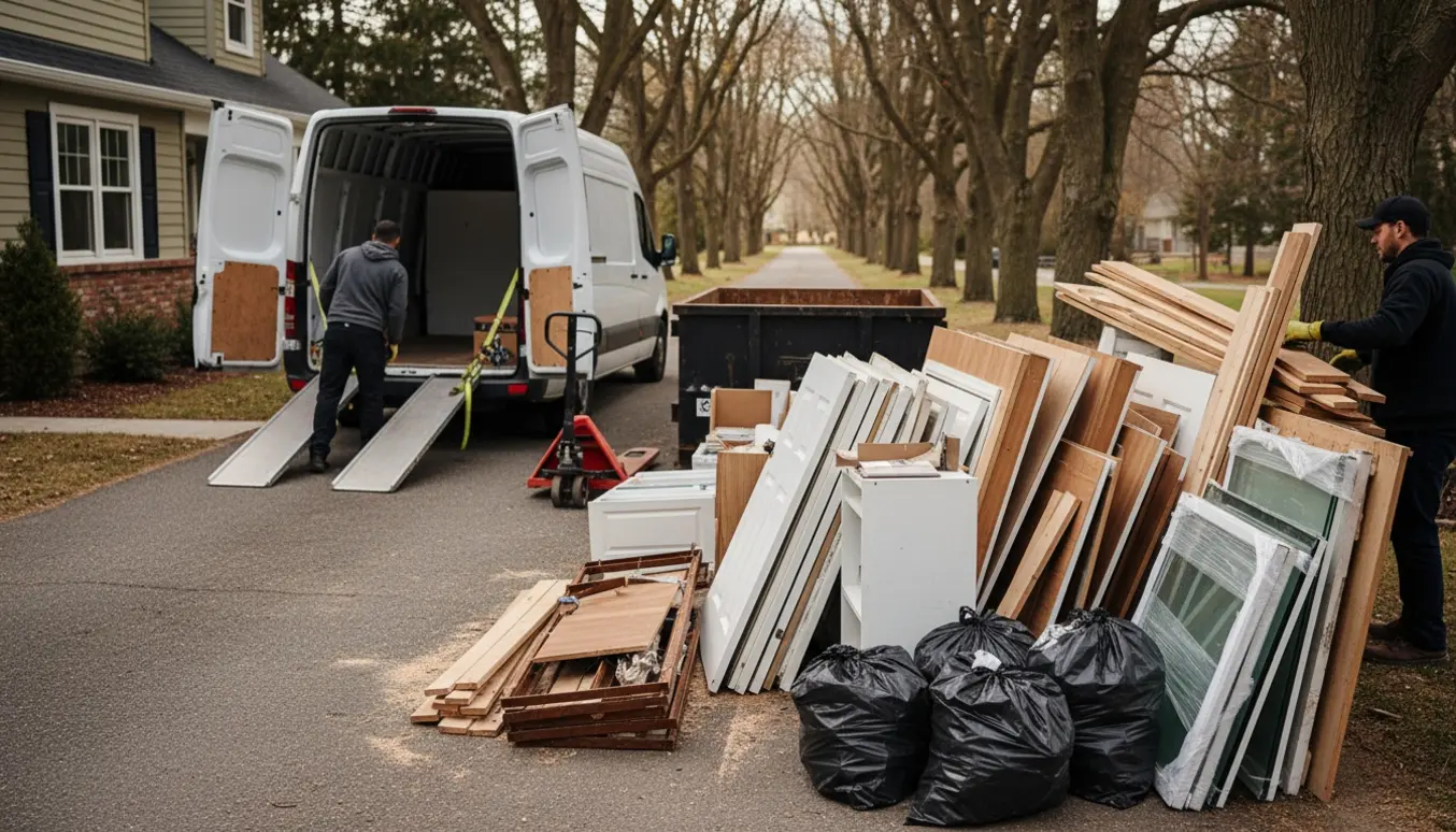 Ubrandet varevogn læsser byggeaffald med træ, metal og indpakket glas fra et renoveret hus ved en lang, smal indkørsel.