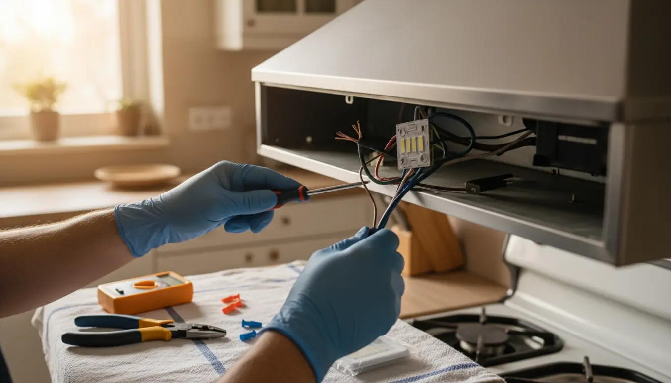 Adskilt emhætte over komfur med hænder og værktøj, der undersøger ledninger for lys- og udsugningsfejl.