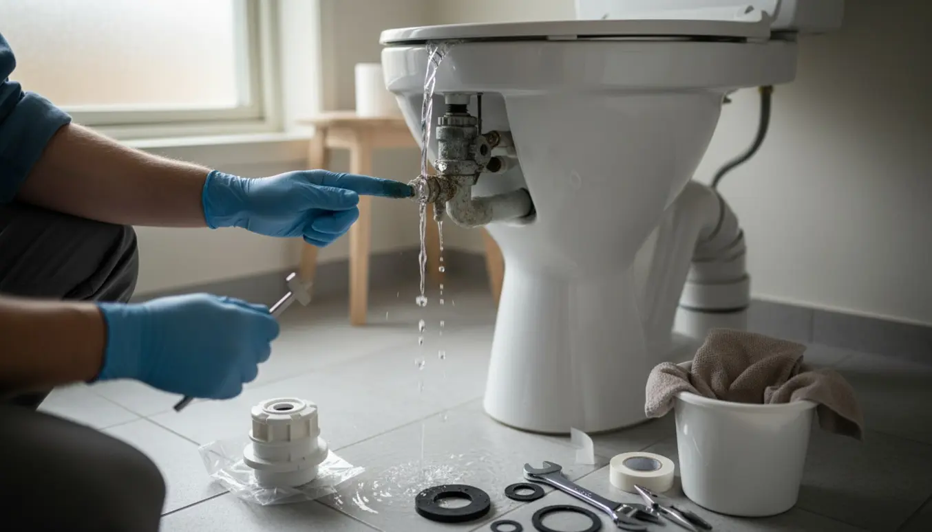 Åben toiletcistern med løbende vand, cisternenøgle og reservedele klar til udskiftning.