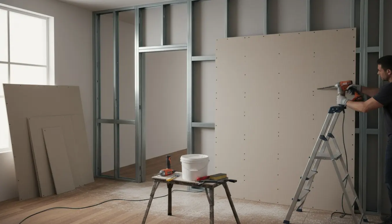 En 3 m bred og 2 m høj enkeltlags gipsvæg under opbygning med døråbning og værktøj i et lyst rum.