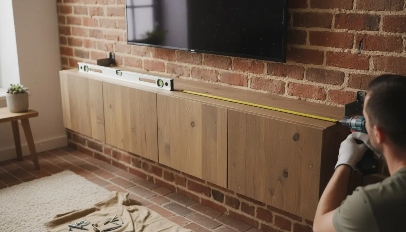 Montør monterer fire Montana-reoler på en murstensvæg under et vægmonteret tv, med fokus på hænder og værktøj.