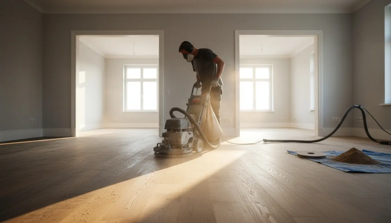 Professionel sliber trægulv i en tom lejlighed med åbne døre, naturligt lys og synlige slibemærker.
