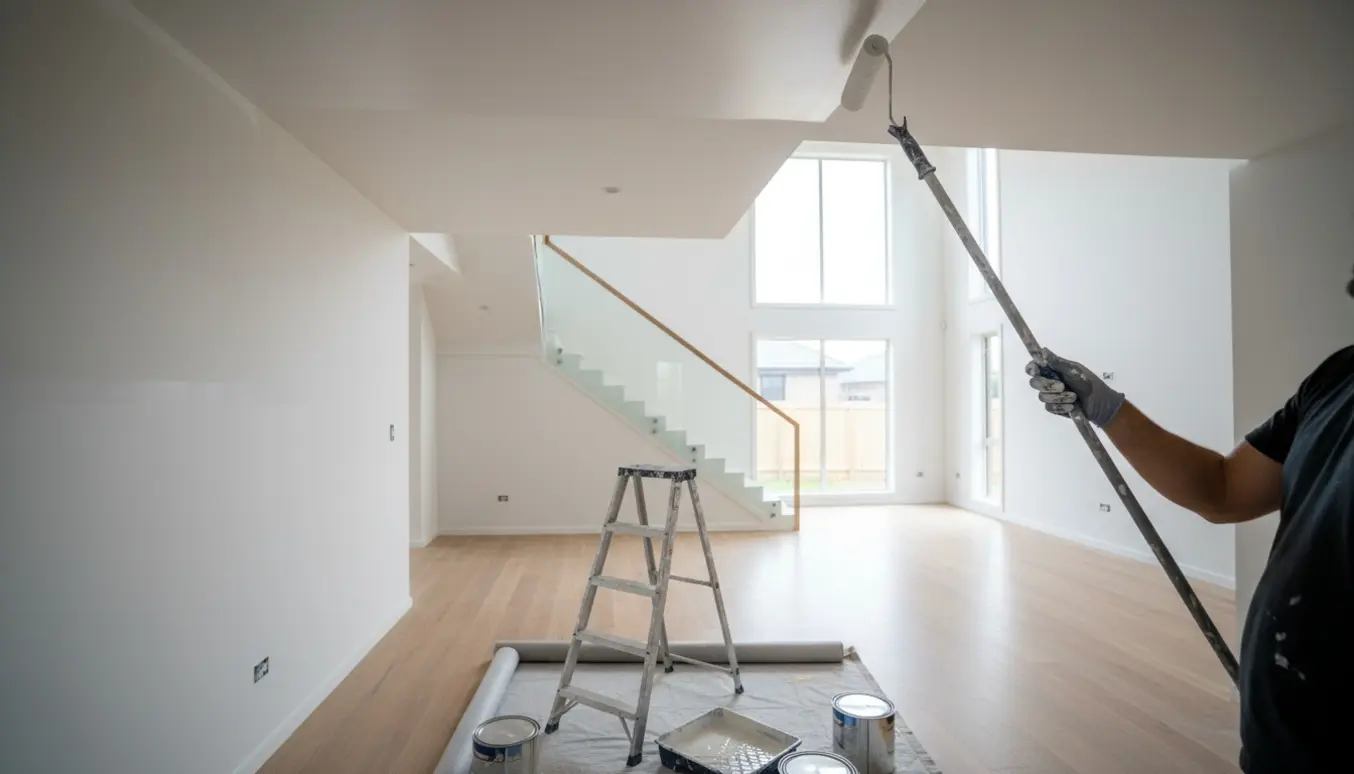 Tom moderne rækkehus med malerudstyr og en malerrulle, der maler lofter og vægge.