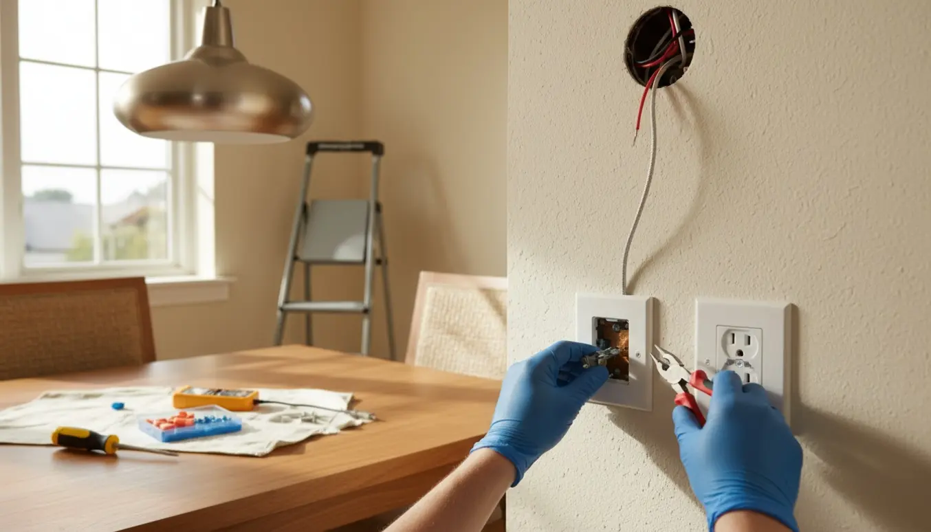 Hænder reparerer løse stikkontakter og forbereder montering af en hængelampe i et tyndt gipsloft over spisebordet.