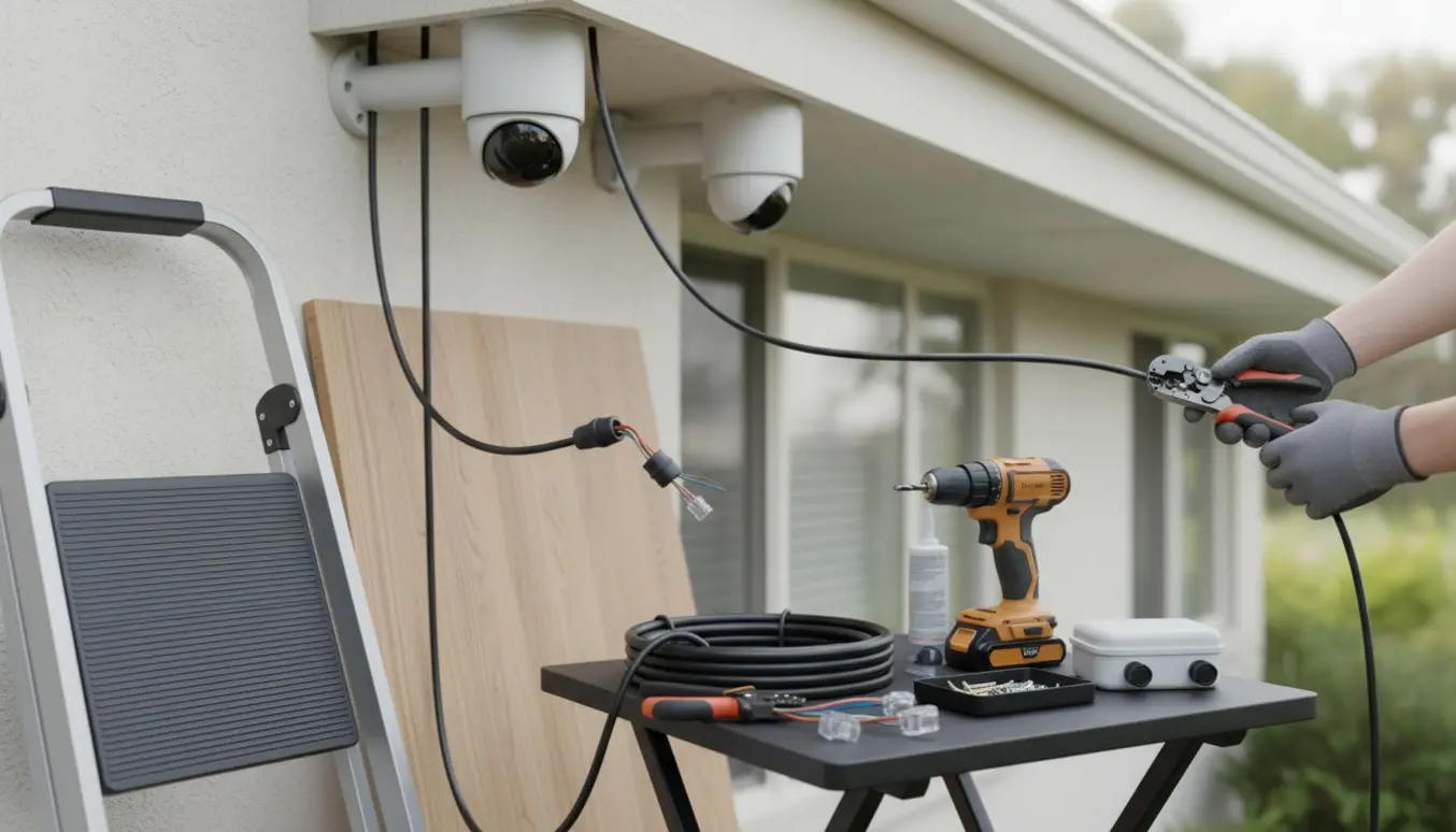 Udendørs installation med Cat6-kabler, værktøj og to hvide turret-kameraer ved husets udhæng.