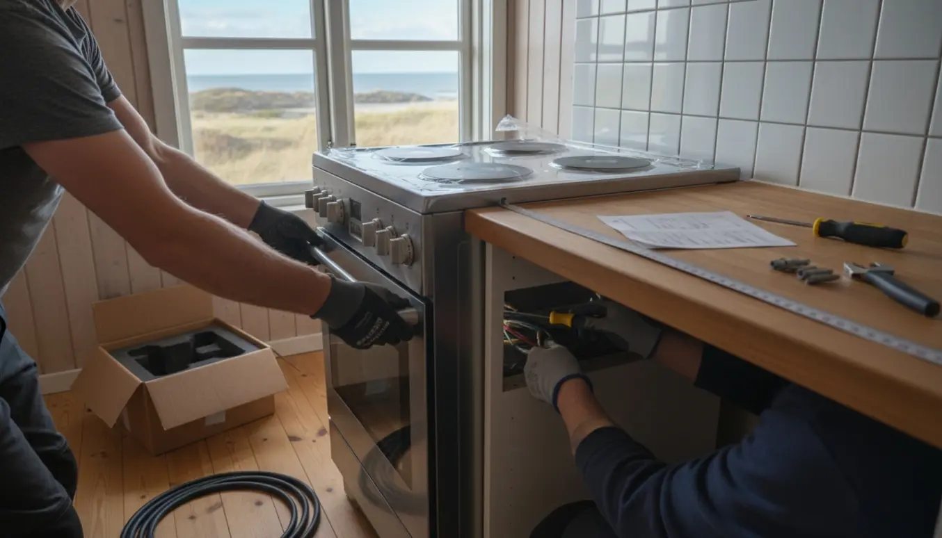 Nyt elektrisk komfur sættes ind i et lyst sommerhuskøkken med værktøj og kystudsigt.