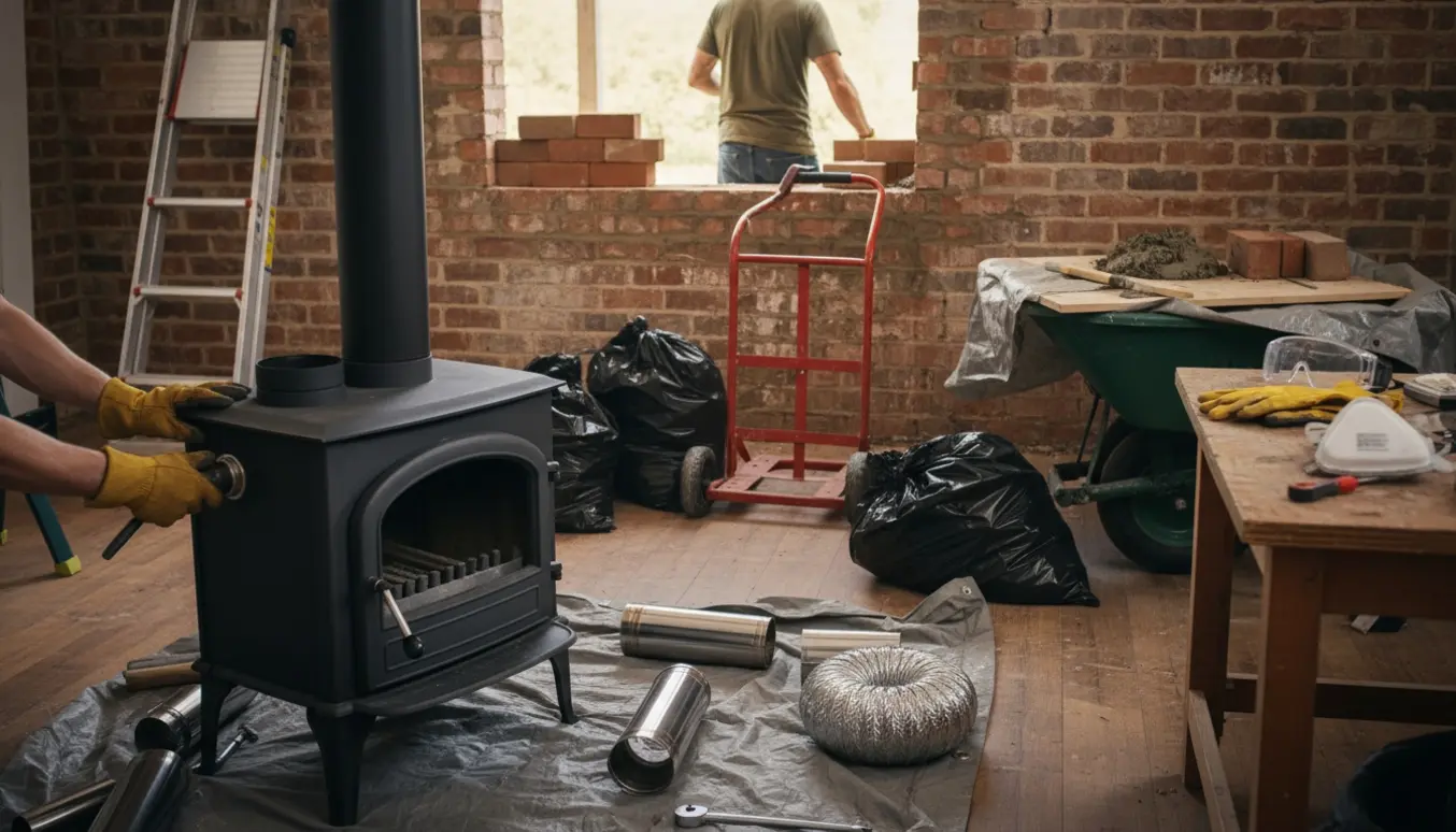 Afmontering af brændeovn og stålskorsten med værktøj, mens hullet i ydervæg mures til.