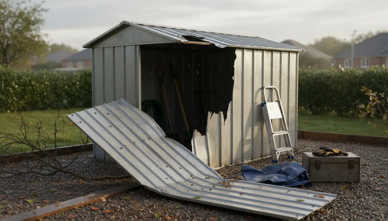 Lille metalhaveskur med et stykke af taget revet af og liggende bøjet på jorden efter stormen.