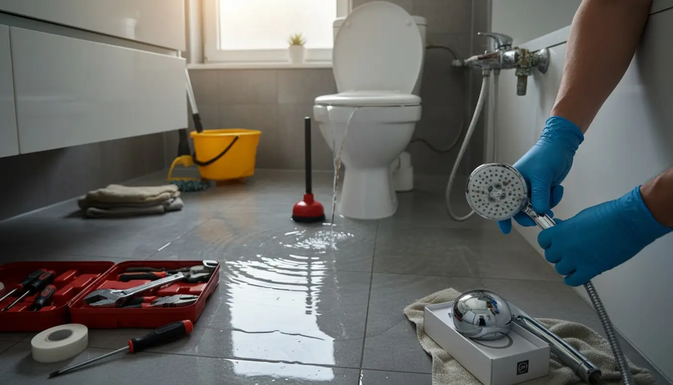 Badeværelse med oversvømmet toilet, kalket brusehoved og håndværkerhænder med værktøj.