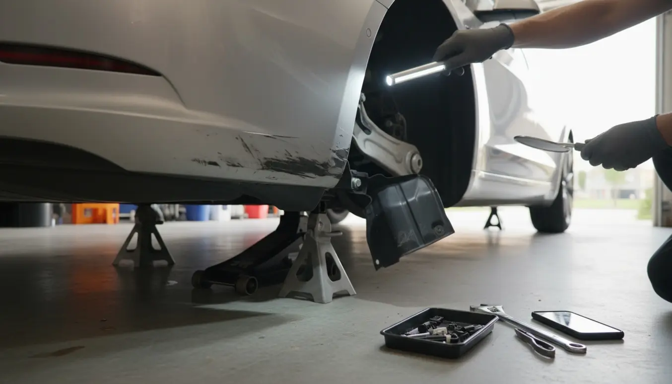 Nærbillede af en Tesla Model 3s undervogn, hvor handskeklædte hænder inspicerer skrammer og løse clips efter et vejbump.