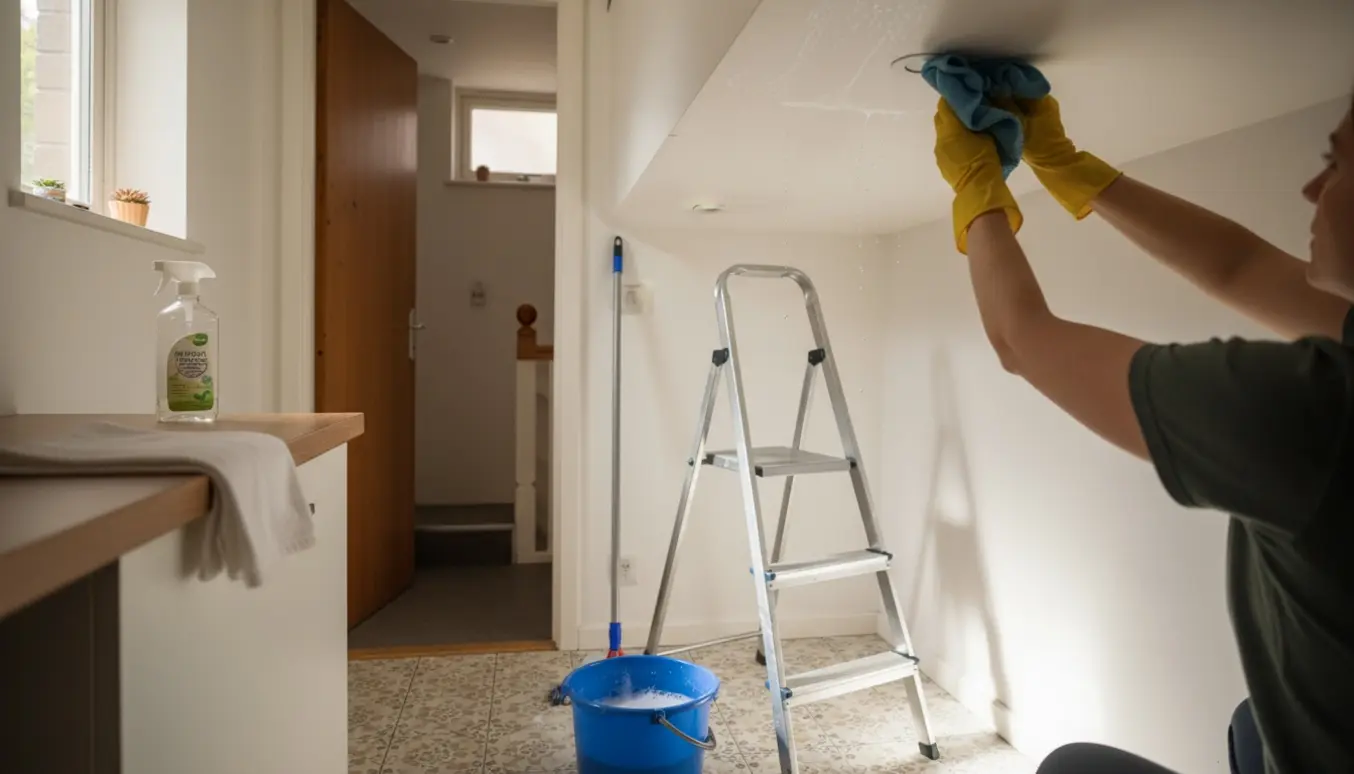 Person vasker loft og vægge i et lille køkken og entre med spand og moppe ved kældertrappen.