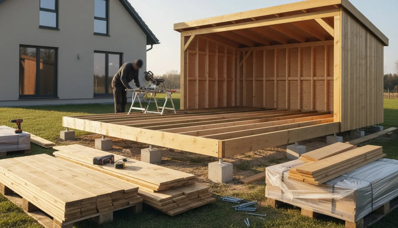 Delvist færdigbygget træterrasse på ca. 50 m² ved nyt hus med et åbent 12 m² træbeklædt skur og værktøj på plads.