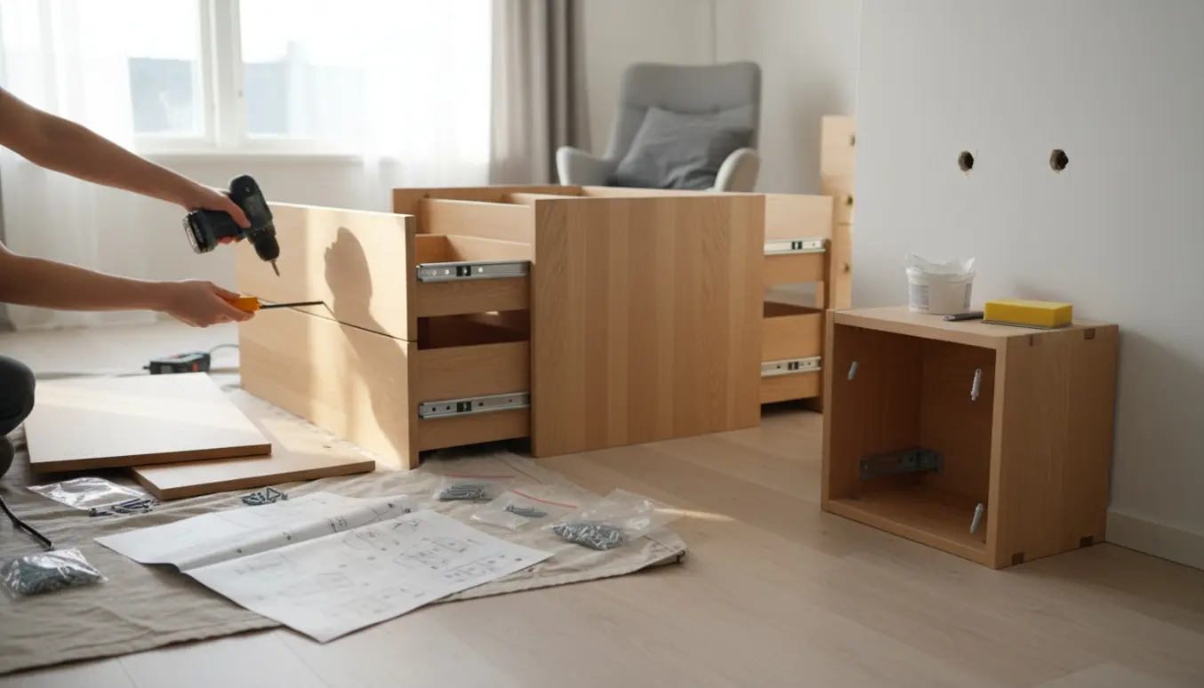 Hænder samler en kommode i et lyst rum, mens to små vægskabe er fjernet og værktøj ligger klar.