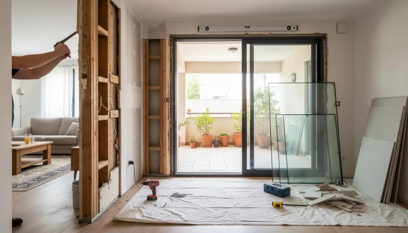 Halvfærdigt projekt hvor en ikke-bærende væg er fjernet og en skydedør monteres for at integrere en 4 m² overdækket terrasse med stuen.