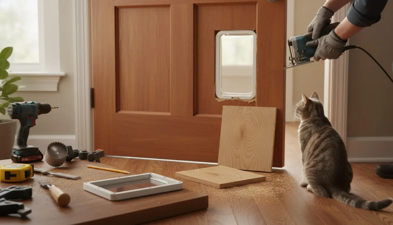 Hænder installerer en kattelem i en massiv trædør med værktøj og en gråstribet kat ved siden af.