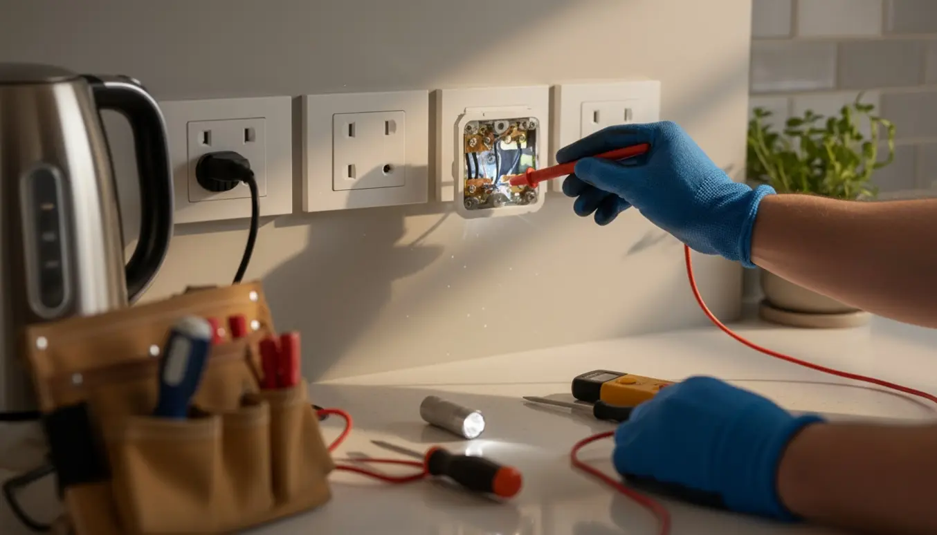 Nærbillede af fejlfinding på køkkenstikkontakter med multimeter og isolerede værktøjer.