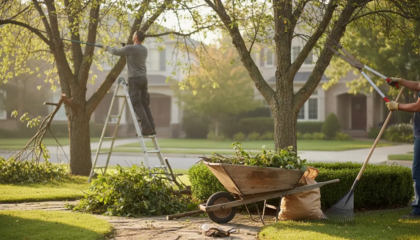 To vejtræer beskæres i forhaven med en trillebør og en stak haveaffald klar til fjernelse.