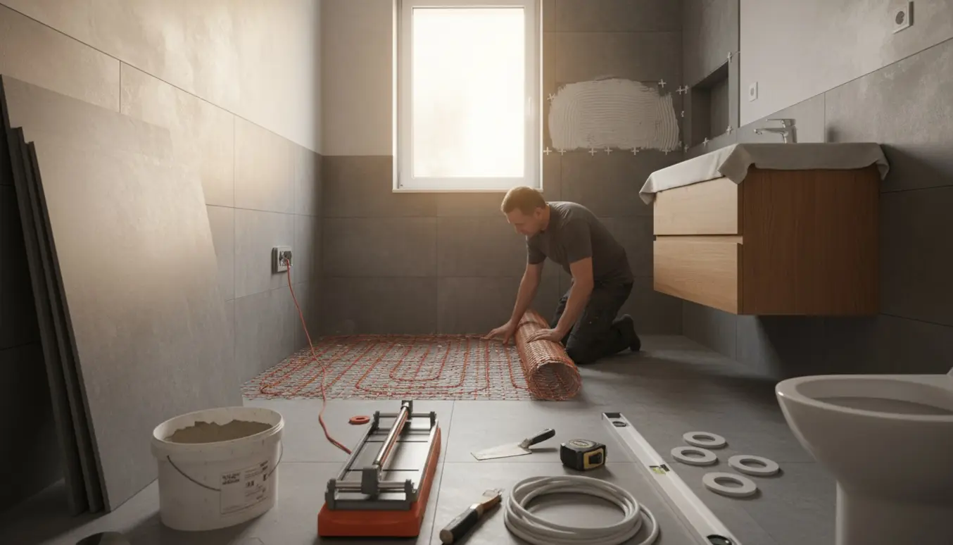 Delvist renoveret badeværelse med montering af gulvvarme, stabler af fliser og håndværkerhænder i dagslys.
