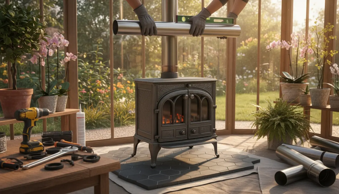 Støbejernsbrændeovn monteres i et lyst orangeri med værktøj og monteringsdele i forgrunden.