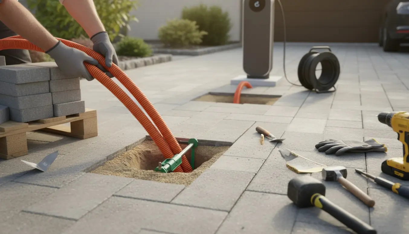 Hænder fører et orange elkabelrør under betonfliser i en indkørsel ved en ladestander.