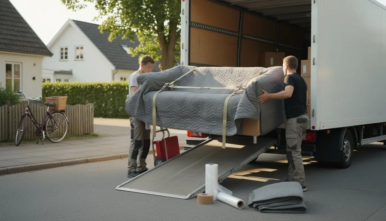 Stor sofa pakket i flyttetæpper bliver lastet ind i en flyttevogn på en stille villavej.