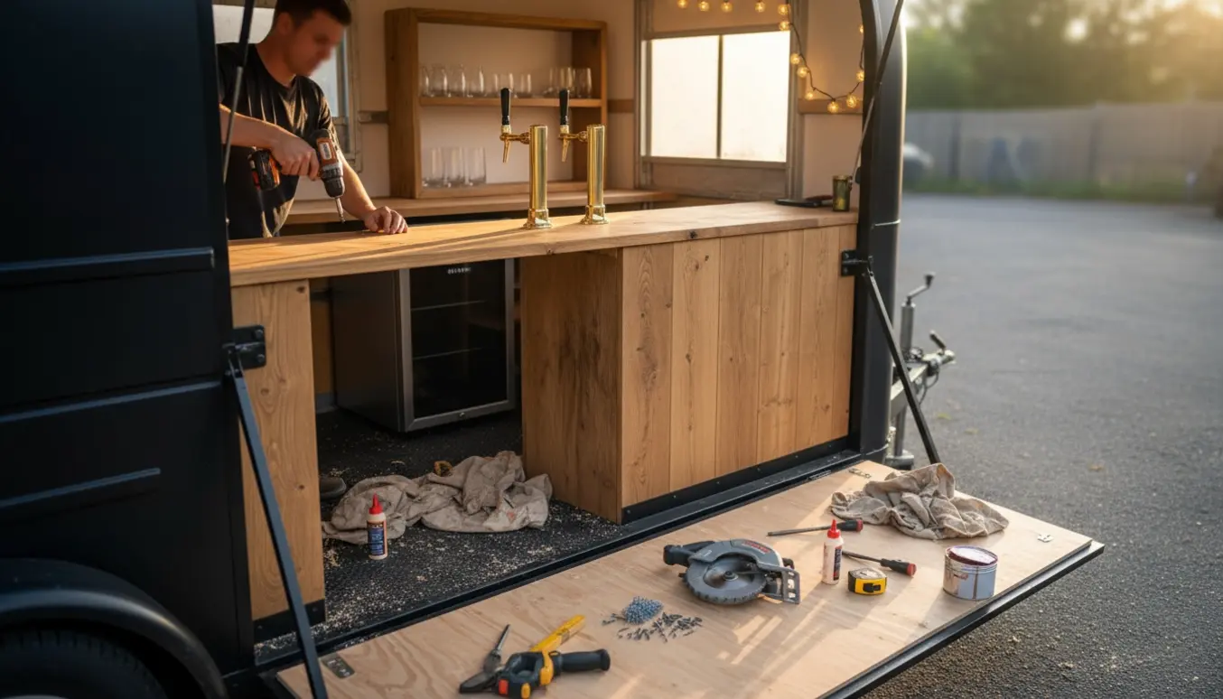 En hestetrailer under ombygning til en mobil bar med træbord, tappehaner og en tømrer, der arbejder med værktøj.