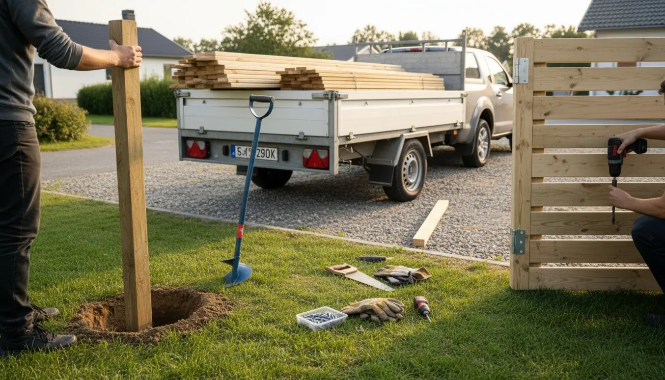 Trailer med trykimprægnerede brædder, stolpe og lamellåge ved husets indkørsel, mens hænder monterer lågehængsel.
