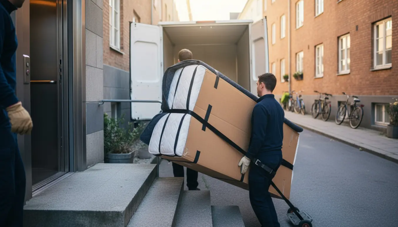 Flyttefolk bærer en indpakket seng op ad en trappe ved en boligbygning med en åben flyttebil og cykler i baggrunden.