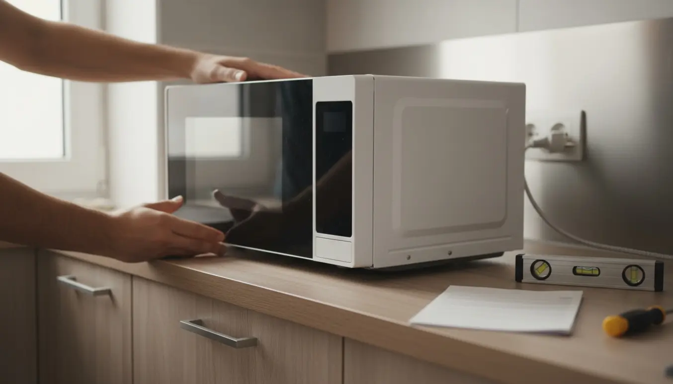 En person placerer og tilslutter en kompakt mikroovn på et køkkenbord ved en to-benet stikkontakt.