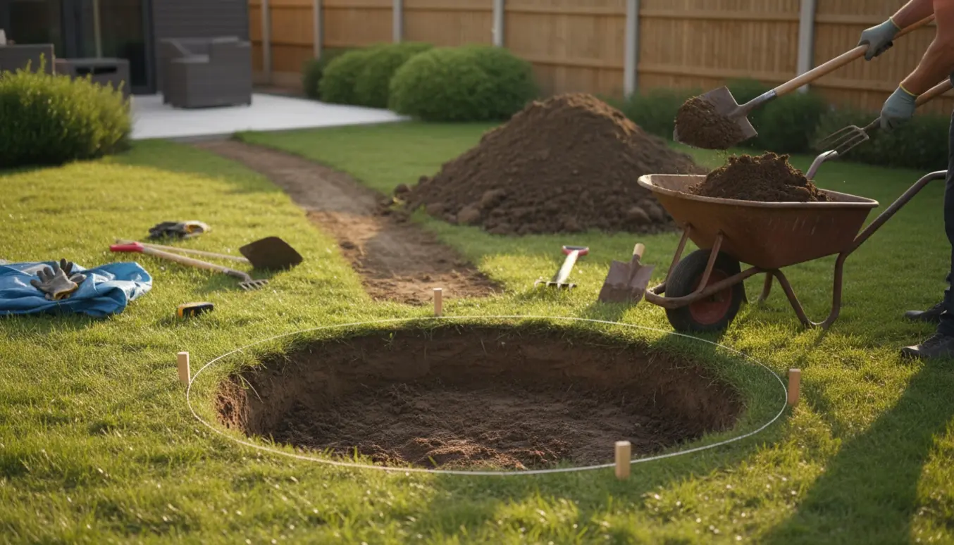 Delvist gravet rundt hul i baghaven med skovle, trillebør og en bunke jord bagerst.