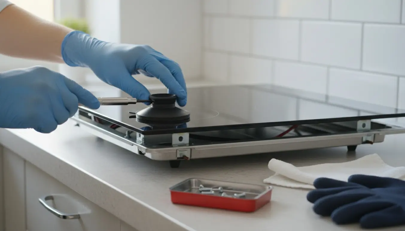 Nærbillede af hænder, der med skruetrækker og sugekop fastgør en løs glaskeramisk kogeplade på et moderne komfur.