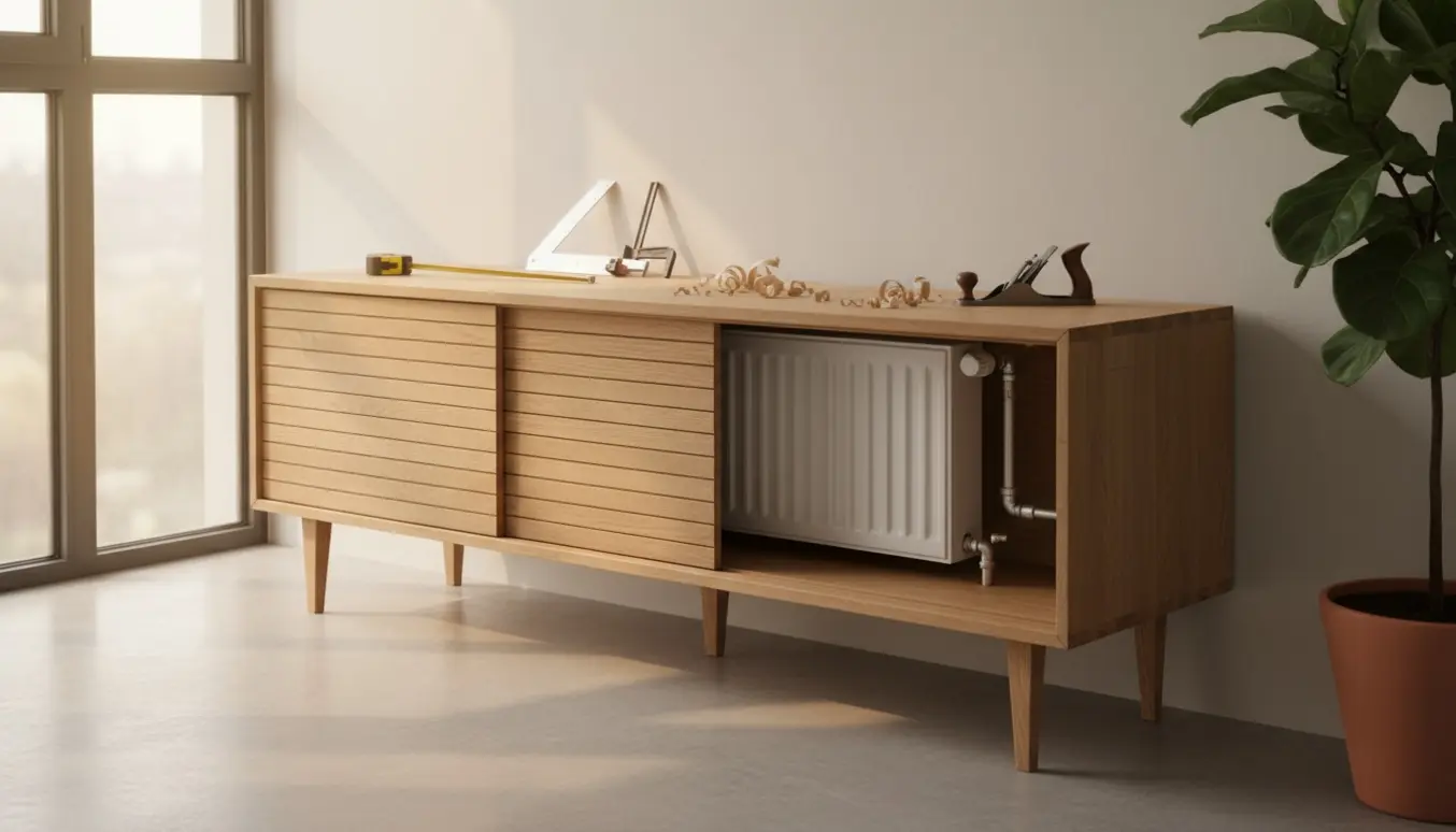 Træskænk i eg med delvist åben front og ventilationsspalter, som skjuler en radiator i en lys stue med værktøj ved siden af.