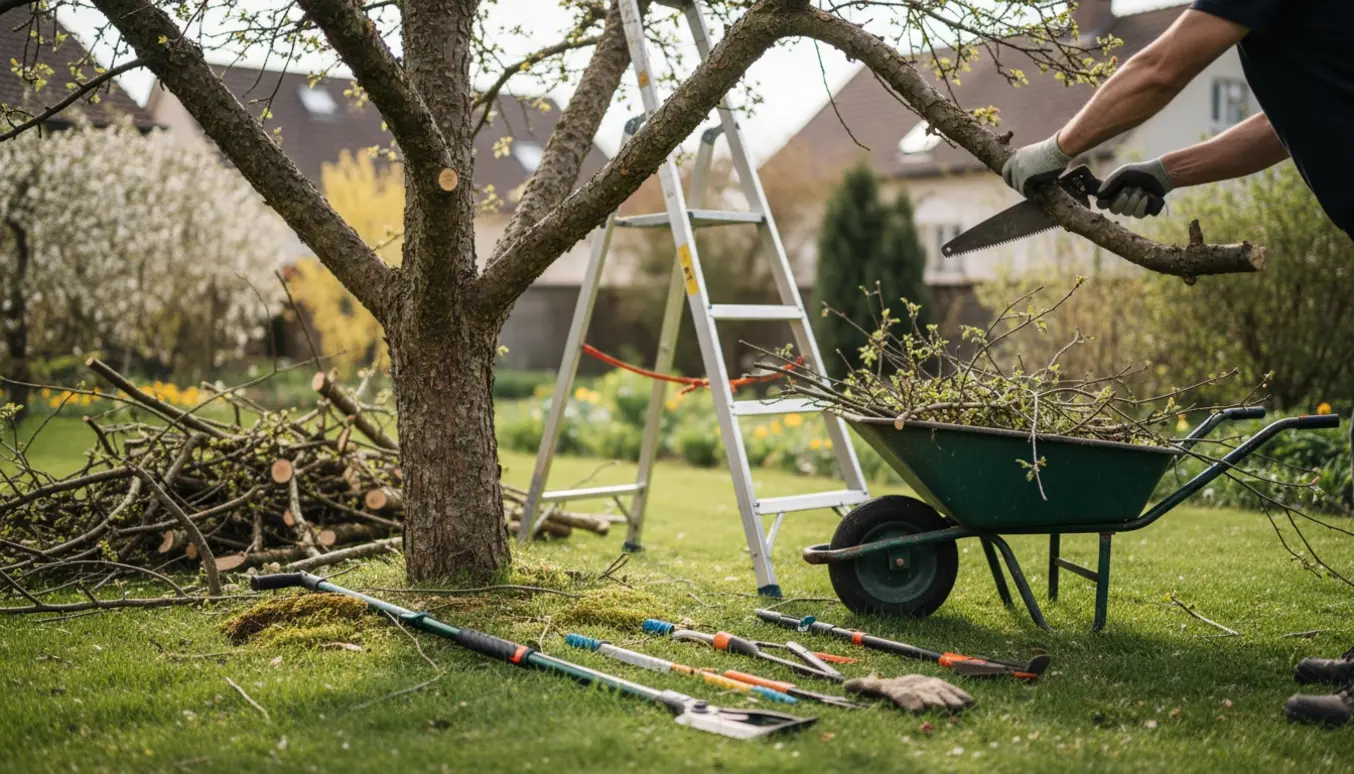 Beskæring af et æbletræ i haven med stige, trillebør og en bunke afklippede grene.