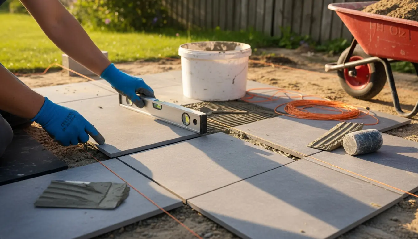 Nærbillede af hænder, der lægger kvadratiske 30x30 fliser på sandet underlag ved en lille udendørs terrasse.
