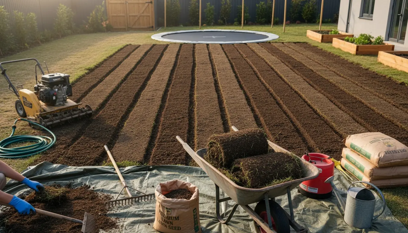 Renovering af en jævn græsplæne med fjernet gammel græs, haveværktøj og en nedgravet trampolin.