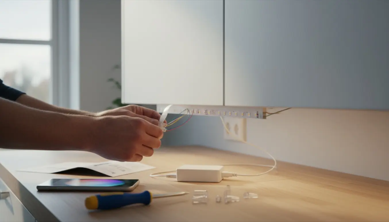 Nærbillede af hænder, der tilslutter smart LED-lys under et køkkenskab med kabler, stik og værktøj.