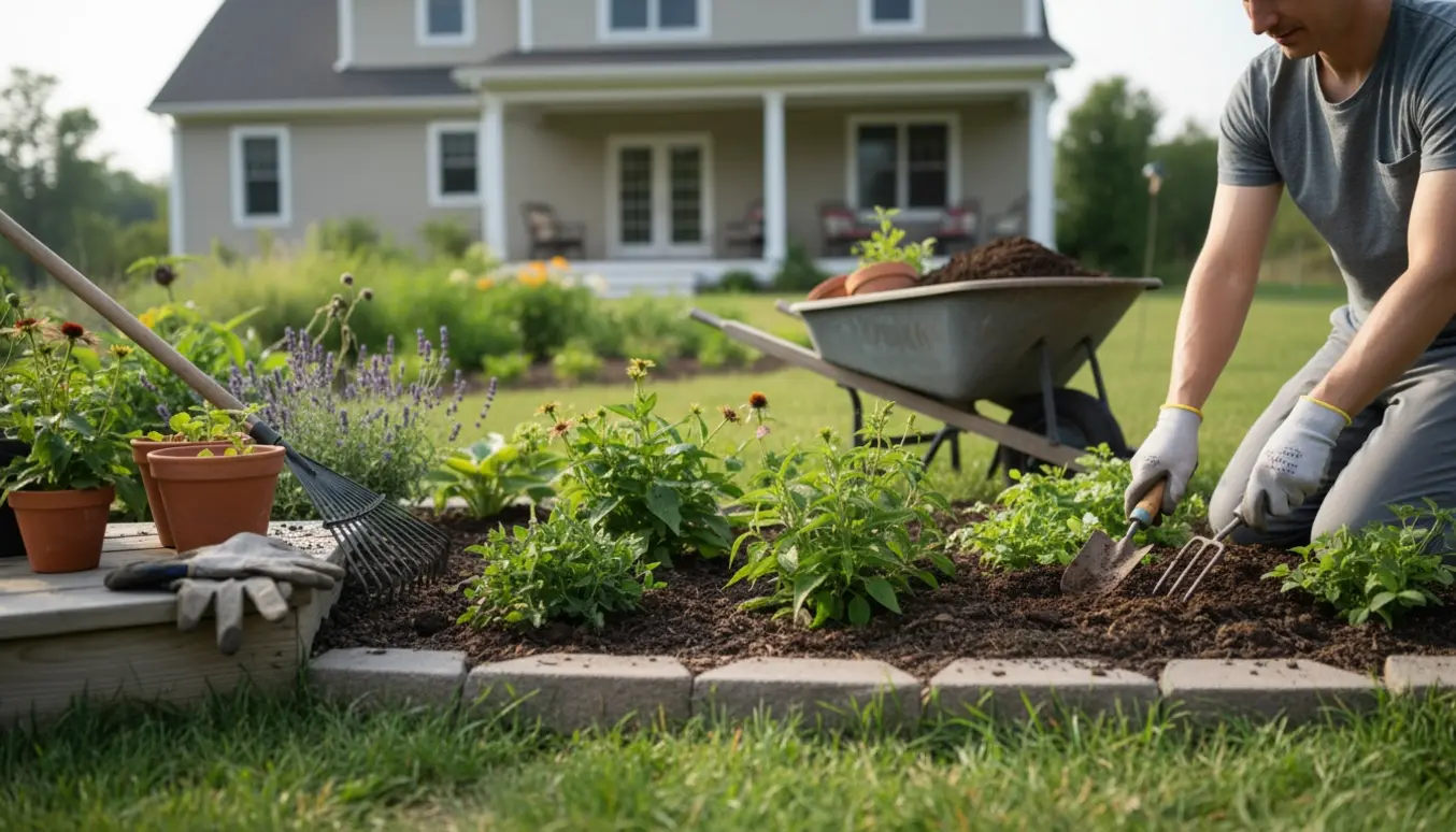 Stor nyindflyttet have med handsker og haveredskaber i forgrunden, hvor ukrudt luges.