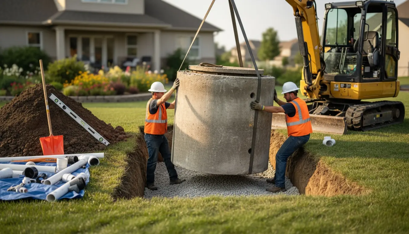 Beton septiktank sænkes ned i en udgravning i en villahave med rør, gravemaskine og arbejdshandsker klar til installation.