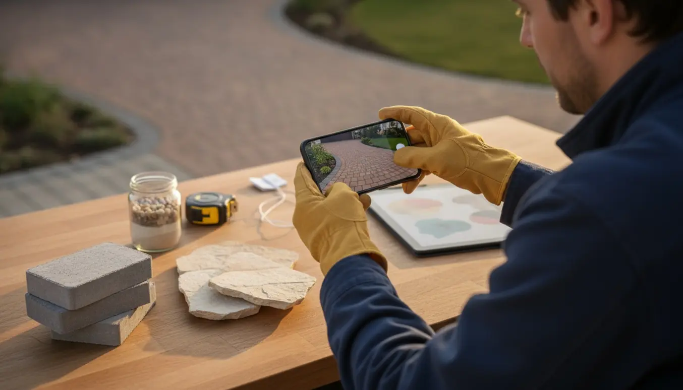 Hænder holder en smartphone med et billede af indkørslen, omgivet af belægningsprøver og måleværktøj.