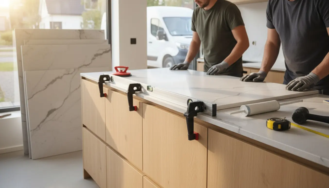 Kvartsbordplader installation i et moderne køkken med handsker, sugekop og værktøj i fokus.