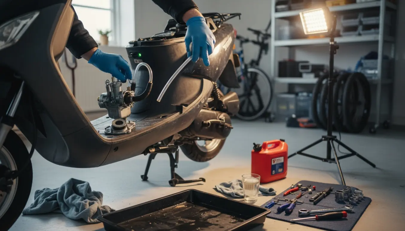 Hænder inspicerer brændstofslange og karburator på en knallert i en garage.