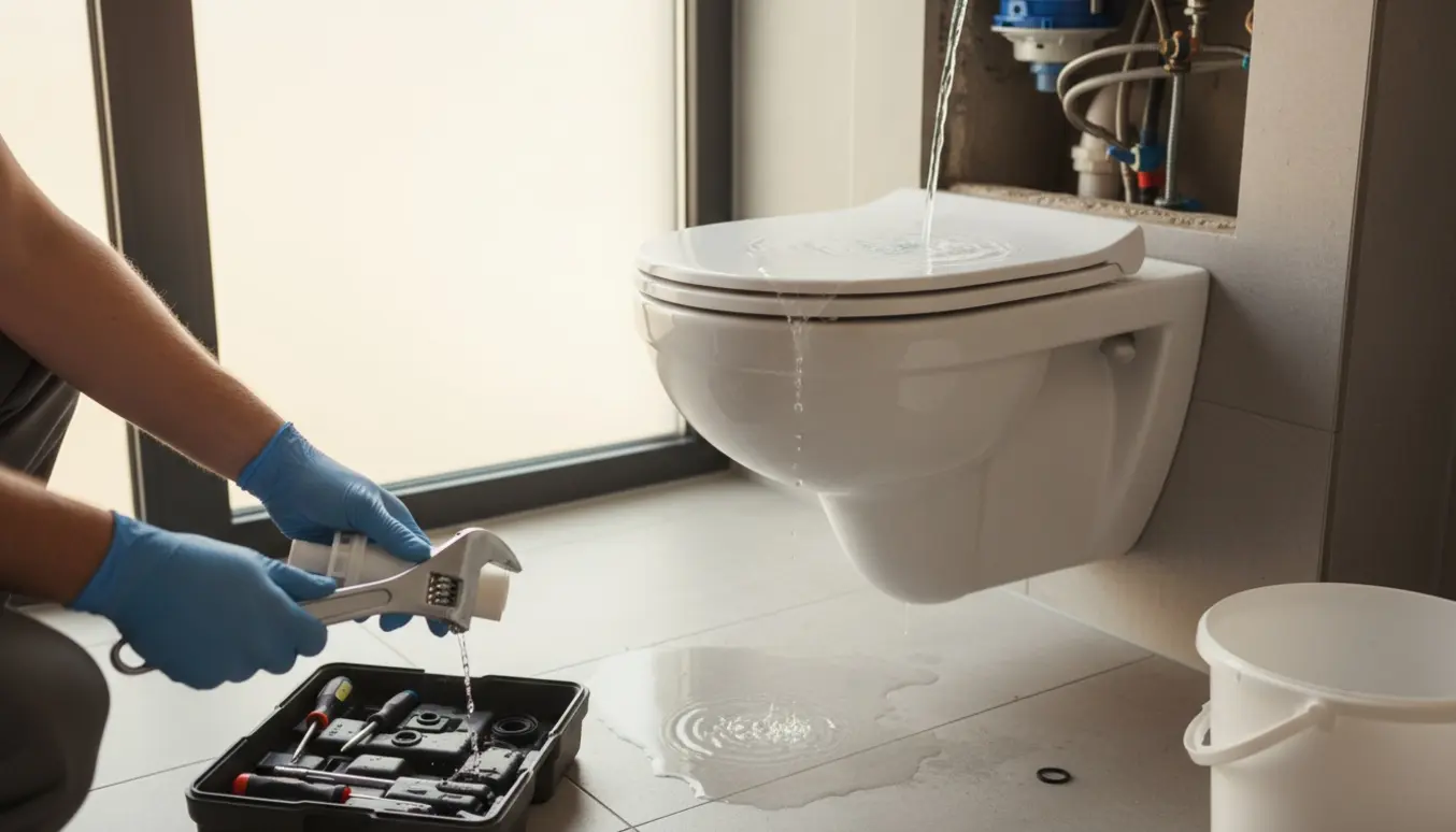 Væghængt toilet med åben indbygget cisterne og løbende vand, værktøj og hænder i arbejde.